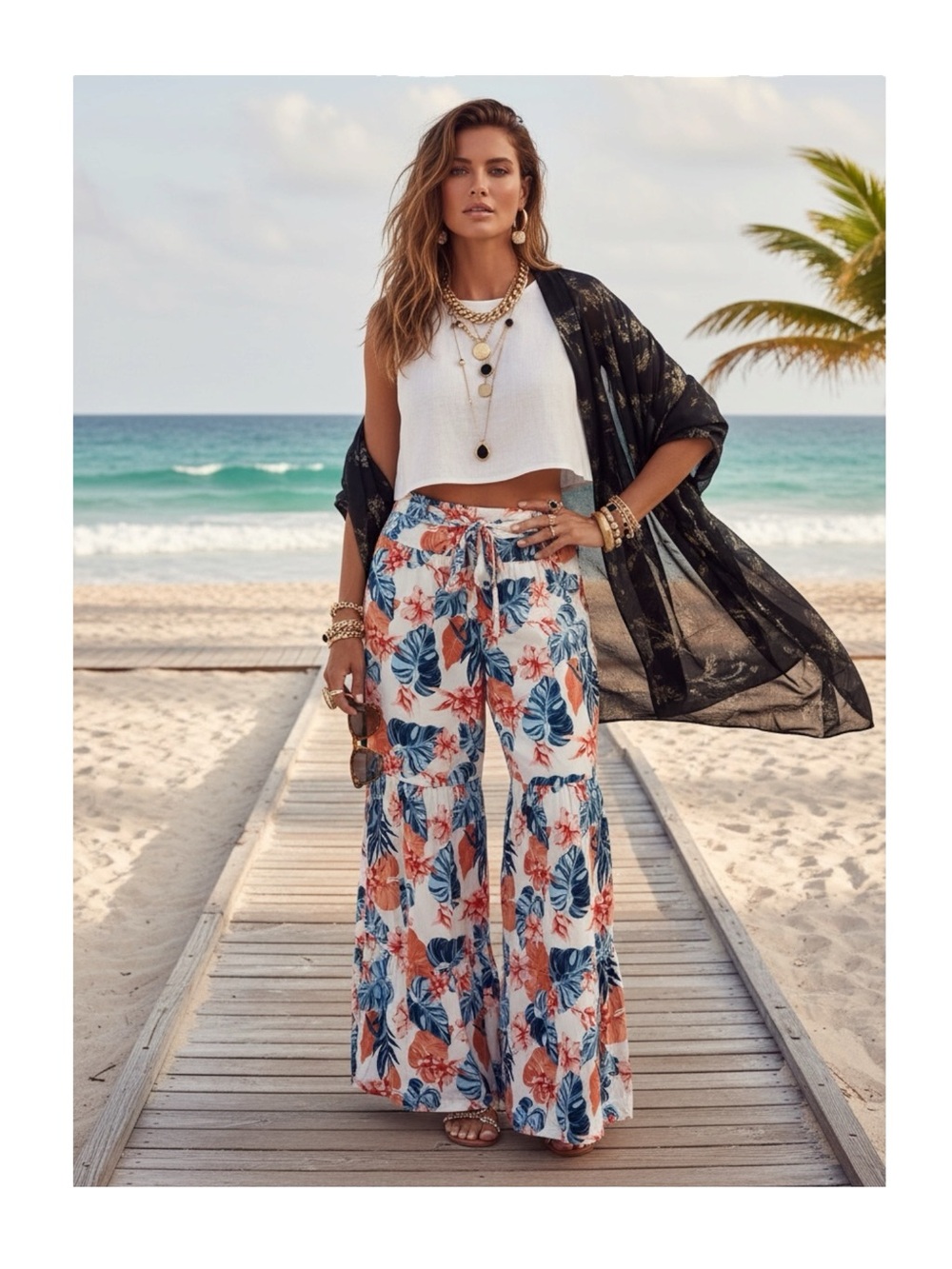 Roxy ✿ Saturated Floral Print Wide Leg Beach Pants ✿ Red White + Blue ✿ Small